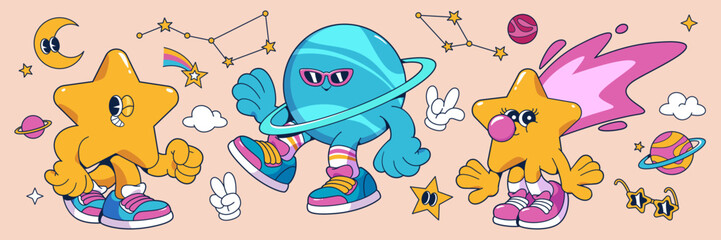 Wall Mural - Groovy universe cartoon characters - walking star mascots, cool planet wearing sunglasses, cosmic elements with sneakers in retro style. Space themed funky design with constellations, clouds, moon.