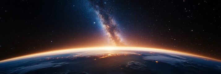 Poster - Cosmic Digital Art Breathtaking Milky Way and Earths Horizon in Ultra-HD - Innovative Space-Themed Visuals for Digital Marketing and Educational Uses