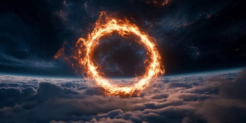 Aufkleber - Luminescent Cosmic Portal Fiery Circular Energy Gate Amidst Space Clouds - Sci-Fi Art for Futuristic Tech Advertisements and Virtual Reality Experiences