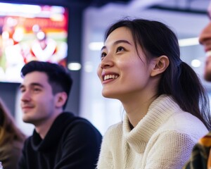 Poster - Modern Workplace Community Young Professionals Enjoying Live Sports in Cozy Breakroom - Enhancing Team Bonding and Corporate Culture with Warm Urban Vibes