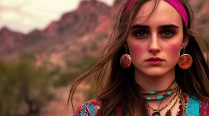 this stunning portrait features a young woman adorned with vibrant accessories, set against a beauti
