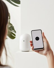 Aufkleber - Minimalist Smart Home Security Ultra-Wideband Camera with Smartphone Monitoring for Modern Urban Safety - Asian Woman in High-Tech, Seamless Connectivity