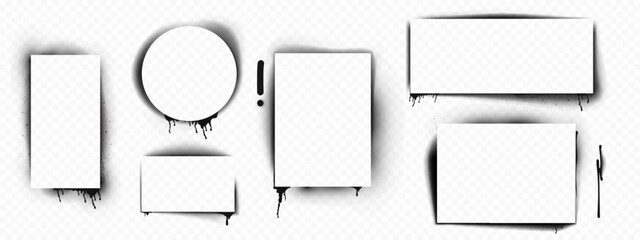 Poster - Black paint stencils set isolated on transparent background. Vector realistic illustration of rectangular, square, round ink borders, airbrush silhouette, grungy street art frames with color drips