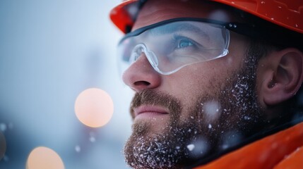 Aufkleber - Winter Resilience in Focus Close-Up of Male Emergency Worker with Safety Gear in Snow - Professional Rescue Preparedness and Cold-Weather Emergency Response Marketing Visual