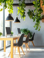 Aufkleber - Biophilic Modern Workspace Design Open-Plan Office with Ergonomic Furniture and Pendant Lighting - Enhancing Productivity and Wellbeing in Corporate Environments