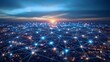 © nayemur - Global communication network over illuminated city at sunset with glowing connected nodes representing digital technology