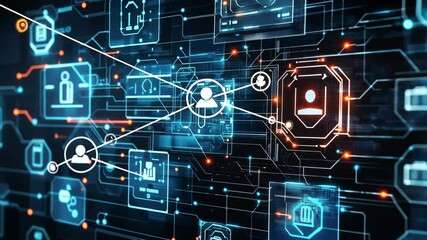 Poster - Futuristic digital network interface with dynamic data flow and connections