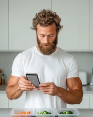 Aufkleber - Tech-Savvy Home Cooking Bearded Young Man with Meal Planning App in Modern Kitchen - Empowering Wellness and Startup Innovation Through Sustainable Food Prep