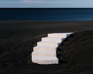 Aufkleber - Modern Minimalism in Business Sculptural Stone Steps on Black Sand Beach Progressive Strategy Visuals for Corporate Growth and Innovative Marketing Applications