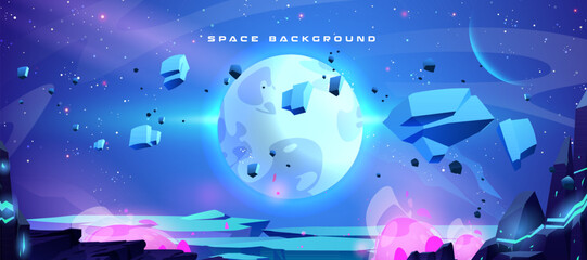 Poster - blue space background with planet surface. vector cartoon illustration of night sky with stars, aste