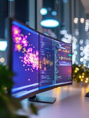 Fototapete - Ultra-Modern Control Room Dual Monitor Display with Interactive Data Visualization and Ambient Lighting - Tech-Driven Operations for Enhanced Decision-Making in Smart Offices