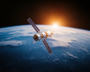 Poster - Futuristic Space Station Orbiting Earth Sleek Metallic Design with Solar Panels - Advanced Aerospace Tech Content and Commercial Satellite Operations Imagery