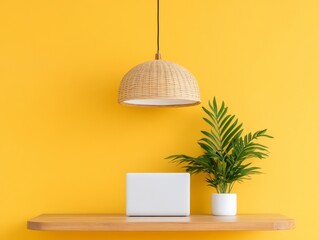Aufkleber - Minimalist Workspace Aesthetic Bamboo Pendant and Wooden Shelf with Laptop on Yellow - Inspiring Digital Nomad Setup and Remote Work Solutions for Modern Professionals