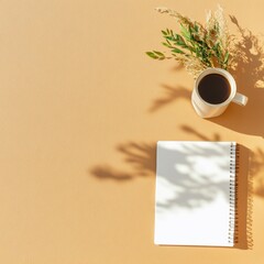 Poster - Natural Minimalism in Office Spaces Ceramic Cup with Coffee and Blank Notebook on Textured Surface - Professional Content for Modern Workplace Design and Stress-free Productivity