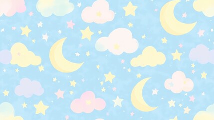 Sticker - Iridescent pastel background featuring a whimsical sky with stars, rainbow hues, and dreamy clouds