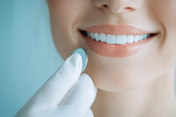 Poster - Contemporary Dental Care Portrait Gleaming Smile and Precision Care in Minimalist Dental Office - Enhancing Preventive Health and Aesthetic Confidence for Modern Healthcare Marketing