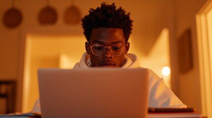 Fototapete - Contemporary E-Learning Space Tech-Savvy African-American Teen, Cozy Hoodie Style, Engaged from Cluttered Kitchen Table - Modern Education Tech and Remote Engagement Design