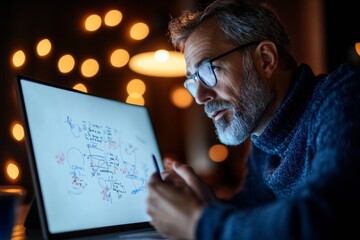 Poster - Cozy Virtual Classroom Mid-40s Caucasian Male Teacher with Glasses Teaching Online - Digital Education Space and Remote Learning Tools in Warm Ambient Light