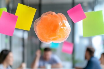 Fototapete - Dynamic Office Holography Colorful Floating Sticky Notes for Innovative Team Brainstorming - Enhancing Creativity and Collaboration in Tech-Driven Workspaces