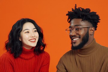 Poster - Cinematic Office Humor Asian Woman and Black Mans Subtle Laugh Under Dramatic Lighting - Creative Workspace Dynamics and Diverse Team Branding for Modern Business Engagement