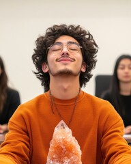 Poster - Mindful Office Vibes Crystal Meditation with Diverse Team in Cozy Workspace - Enhance Creativity and Collaboration in Modern Business Environments