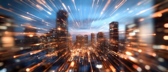 Fototapete - Futuristic Cityscape Fireworks Illuminated Skyscrapers with Dynamic Light Trails Holiday Event Marketing and Urban Festivity Design for Contemporary Digital Campaigns