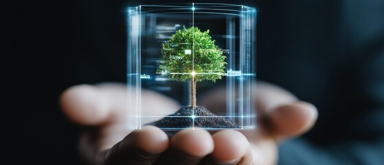Fototapete - Biophilic Tech Integration Holographic Tree Visualization in Human Hand - Eco-Friendly Innovation for Sustainable Business Solutions and Digital Conservation Strategies