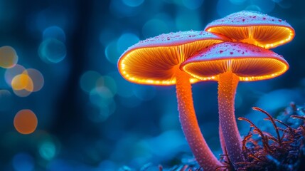 Poster - In a magical woodland, vibrant mushrooms emit a soft glow amidst the deepening twilight. The surrounding greenery blends with enchanted bokeh lights, creating a dreamlike atmosphere
