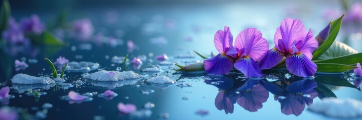 Frozen water with entwined purple iris flowers and leaves, entwined, irises