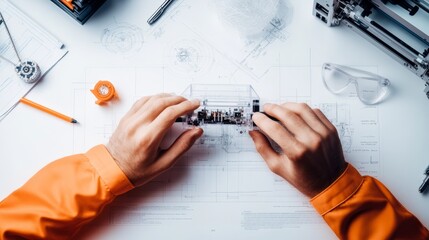 Poster - Tech-Inspired Workspace Precision Engineering of Printer Prototype on Architectural Blueprint - Modern STEM Education and Business Innovation Tools