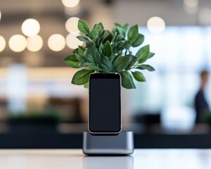 Poster - Modern Tech Aesthetics Sleek Contactless Payment Terminal with Smartphone and Minimalist Greenery - Retail Innovation for Digital-First Consumer Experiences