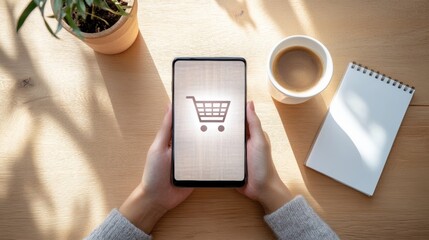 Poster - Minimalist Mobile Shopping Experience E-commerce Interface on Smartphone at Sunlit Cafe Table - Enhancing Fintech Solutions and Cashless Innovations in South Korea
