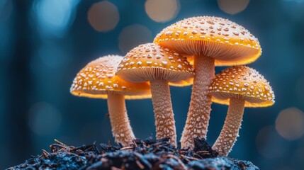 Poster - Bright orange mushrooms stand majestically on a mossy ground, reflecting dew drops under soft morning light in a tranquil forest. Nature's beauty captivates the senses
