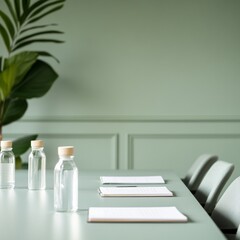 Poster - Scandinavian Meeting Room Design Semi-Circle Layout with Eco-Friendly Glass Bottles and Minimalist Notepads - Modern Business Strategy and Collaborative Workspace Setup