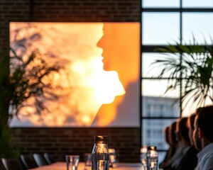 Poster - Modern Industrial Meeting Space Sunlit Presentation with Projector Screen and Greenery - Efficient Corporate Communication and Knowledge Sharing for Professional Growth