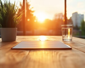 Poster - Sunlit Wooden Meeting Room Minimalist Workspace with Glass Accents for Enhanced Corporate Communication and Creative Professional Development