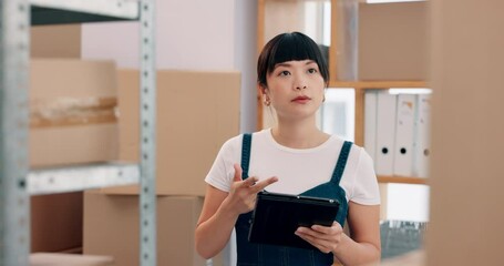 Poster - Tablet, distribution and woman in warehouse by boxes with online inventory, checklist or order. Digital technology, cargo and Asian supply chain manager read parcel information for package shipping.