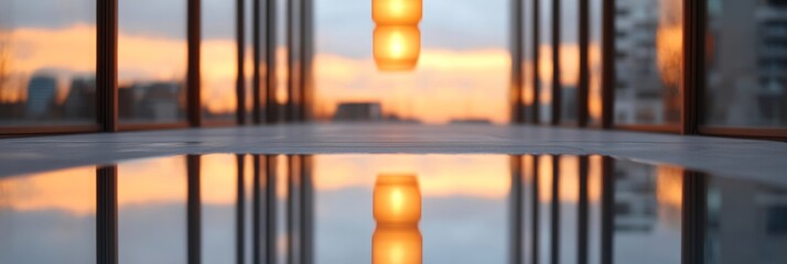 Aufkleber - Contemporary Reflection Minimalist Urban Sunset through Glass Panels - Architectural Design for Modern Workspace and Inspirational Marketing Content