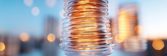 Aufkleber - Futuristic Wealth Display Stacked Copper Coins on Reflective Surface - Investment Strategy Visuals for Financial Innovation and Digital Marketing