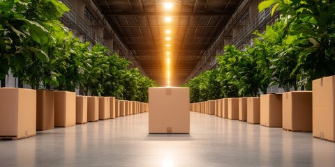 Poster - Urban Jungle Storage Aesthetic Sustainable Warehouse Design with Pallet Racks and Greenery - Enhancing Inventory Management in Eco-Friendly Commercial Spaces