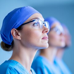 Aufkleber - Modern Clinical Collaboration Medical Professionals in Stylish Blue Uniforms and Glasses Discuss Healthcare Coordination - Innovative Hospital Teamwork and Patient-Centric Care Insights