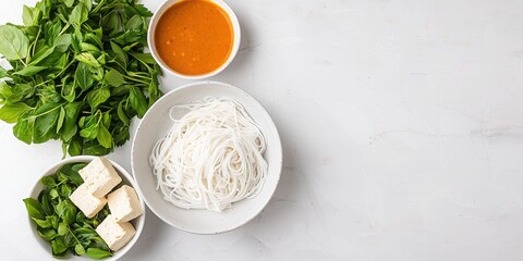 Fresh ingredients including herbs, noodles, tofu, and sauce are artfully arranged on a light background, ideal for preparing a healthy dish.