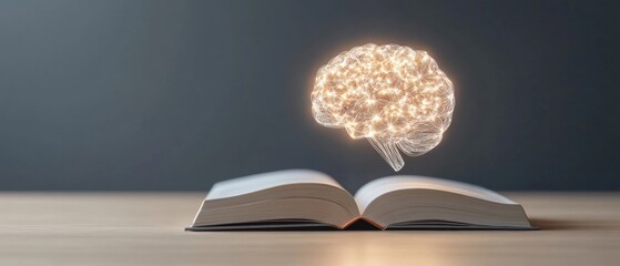 Poster - Futuristic Educational Imagery Open Textbook with Glowing Brain on Wood - Academic Innovation for Digital Learning and Knowledge Expansion