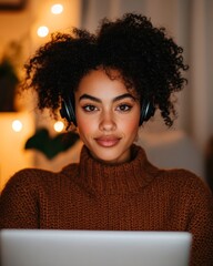 Aufkleber - Cozy E-Learning Experience Young Black Woman Engaged in Virtual Class with Laptop and Headphones in Warm Modern Living Room - Digital Education and Privacy Solutions