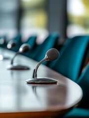 Poster - Sleek Modern Conference Setup Curved Wooden Desk with Microphone Systems for Diplomatic Discussions - Professional Business Communication and International Negotiation Design