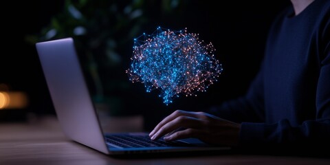 Aufkleber - Futuristic Holographic Interface Digital Brain Projection Over Sleek Laptop - Innovative AI Workspace Design for Cutting-Edge Business Solutions and Tech Integration
