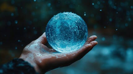 Poster - hand holding a transparent sphere of water under rain, symbolizing earth and nature's beauty in a se