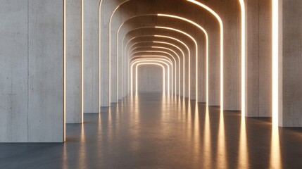 Aufkleber - Contemporary Curved LED Archway in Concrete Corridor for Architectural Content - Modern Design Aesthetic in Smart Building Infrastructure and Tech-Driven Space Planning