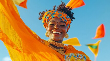 Aufkleber - Vibrant Cultural Festival African Woman in Traditional Attire Against Blue Sky - Dynamic Entertainment Visuals and Global Heritage Promotion