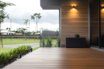 Modern outdoor patio with wooden flooring and garden view in a suburban area